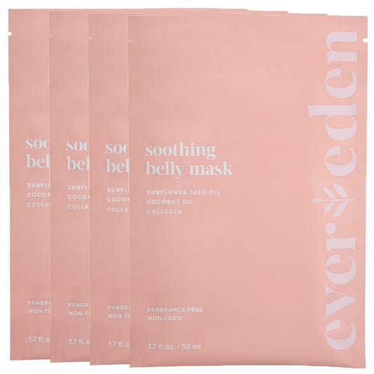 Evereden soothing belly mask packaging highlights a four-pack for pregnancy skin care