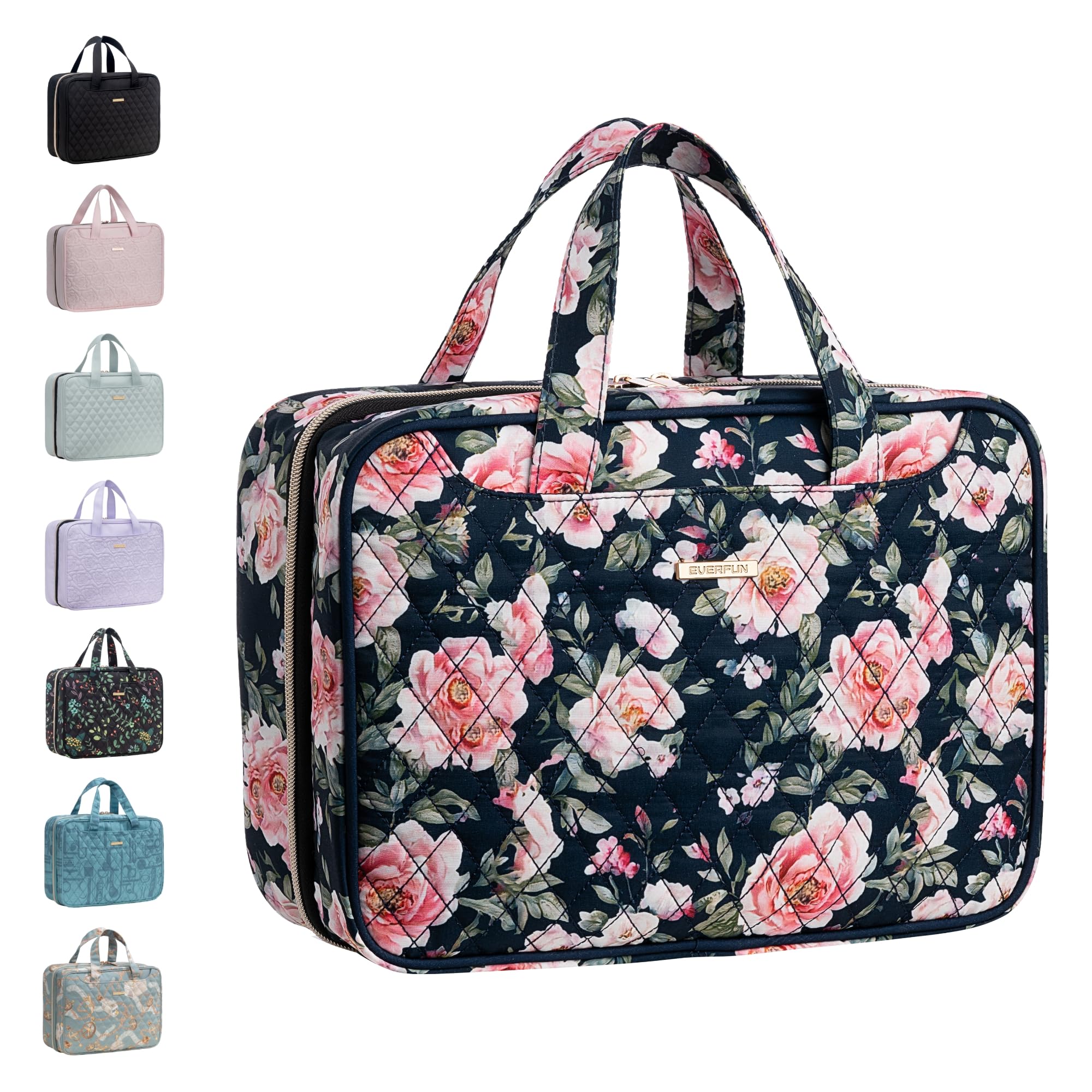 Everfun hanging travel toiletry bag front view shows organized compartments for on-the-go storage.