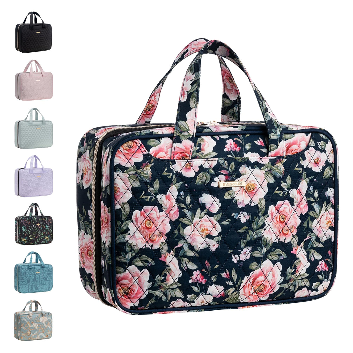 Everfun hanging travel toiletry bag front view shows organized compartments for on-the-go storage.