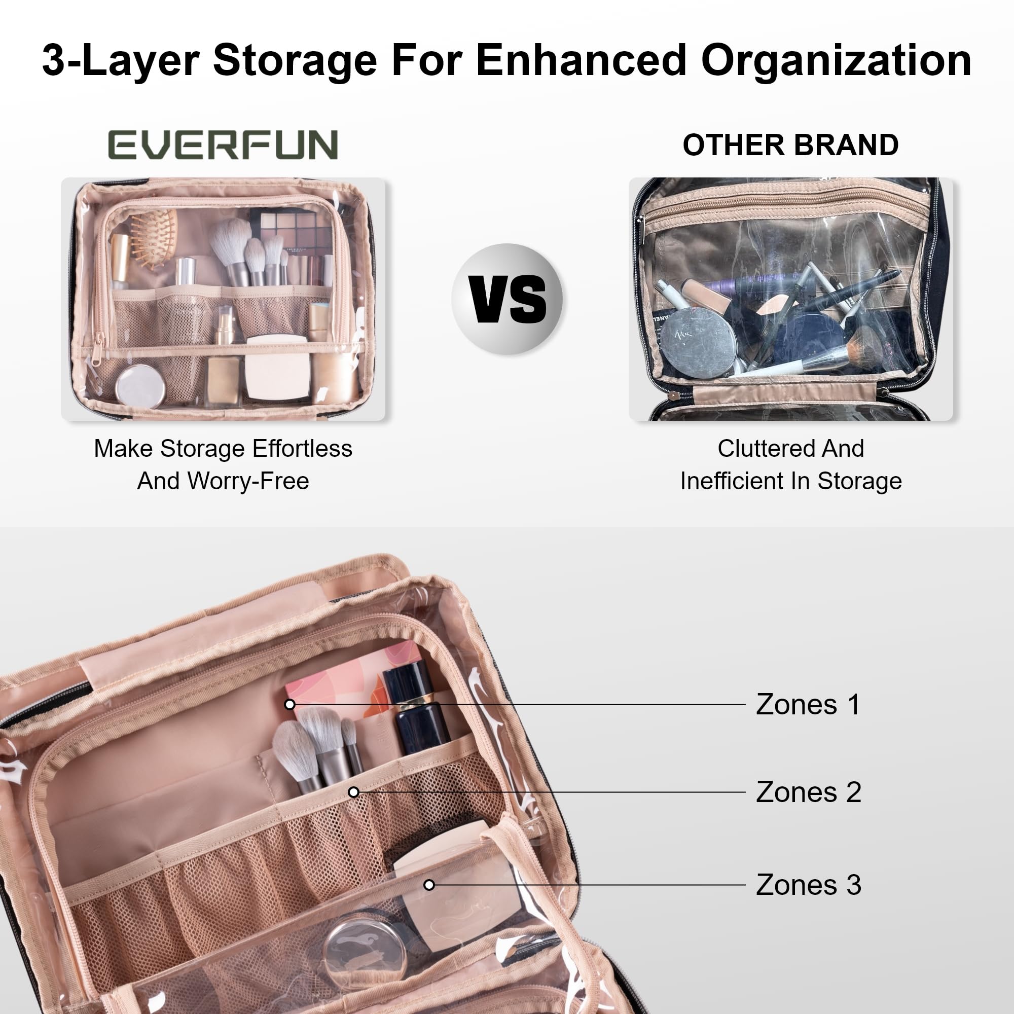 Everfun hanging travel toiletry bag last compartment leakproof protects clean items.