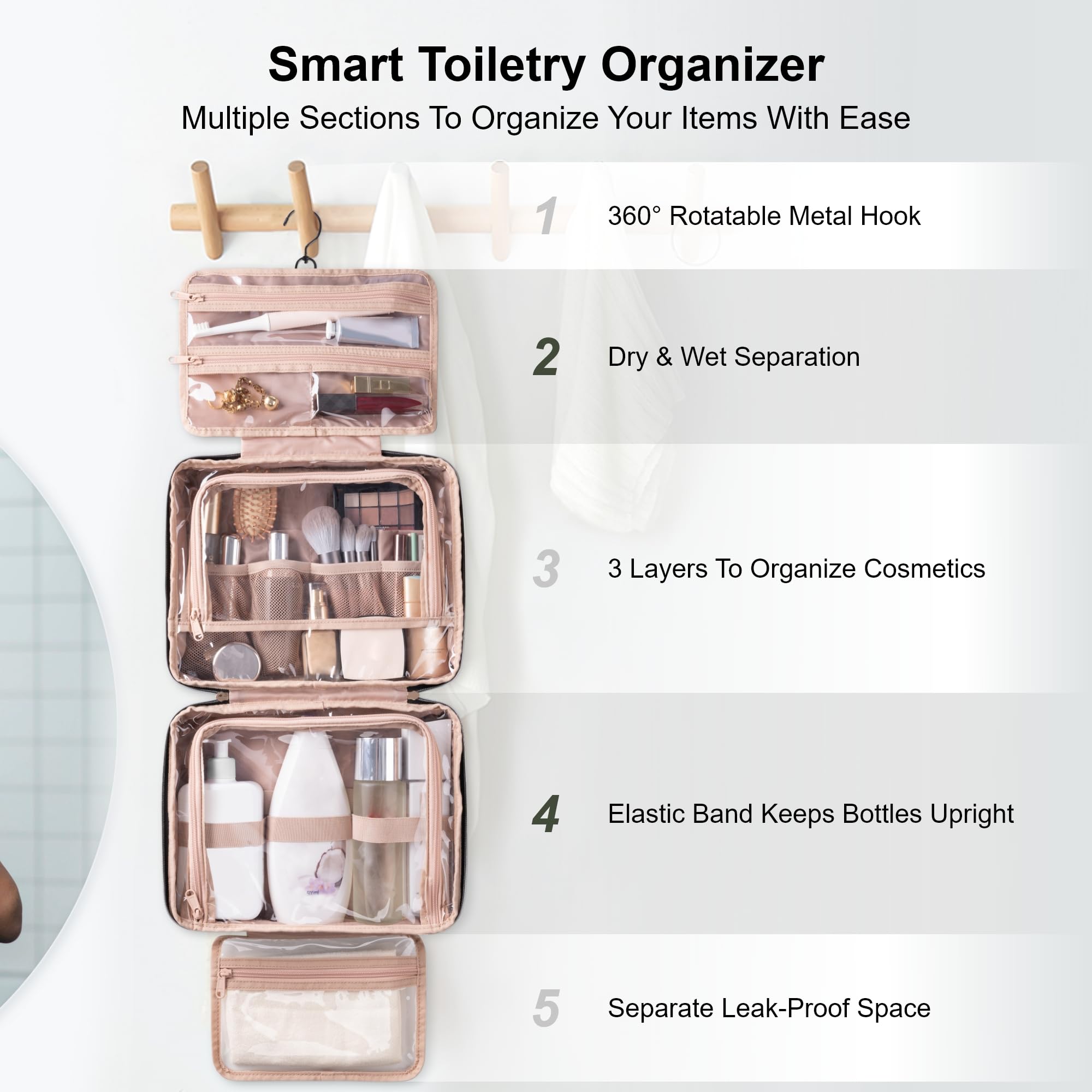 Everfun hanging travel toiletry bag top compartment leakproof keeps liquids separate.