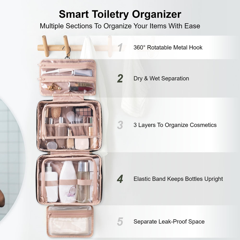 Everfun hanging travel toiletry bag top compartment leakproof keeps liquids separate.
