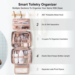 Everfun hanging travel toiletry bag top compartment leakproof keeps liquids separate.