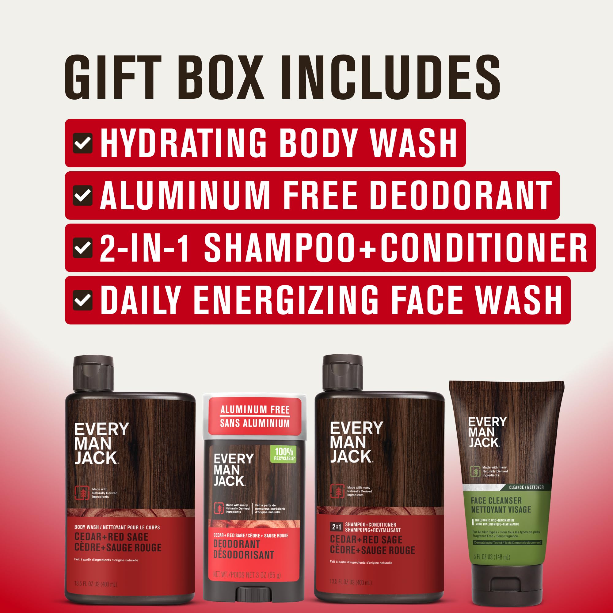 Every Man Jack 2-in-1 shampoo and conditioner for streamlined grooming.