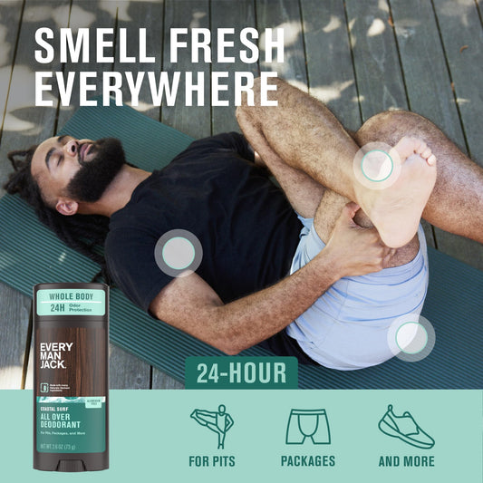 Applying Every Man Jack All Over Deodorant Coastal Surf on skin for protection