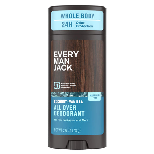 Every Man Jack All Over Deodorant bottle with coconut vanilla scent for all-day freshness.