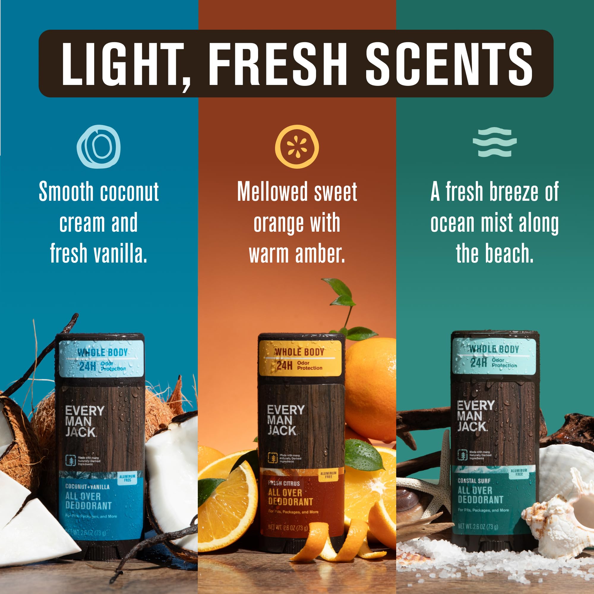 Every Man Jack All Over Deodorant Coconut Vanilla stick offers gentle aluminum-free protection.