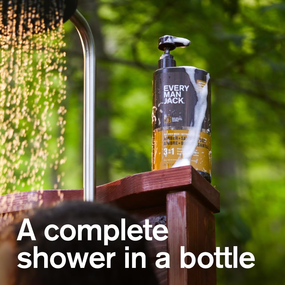 Every Man Jack Amber Sandalwood 3-in-1 pump close up for convenient shower use