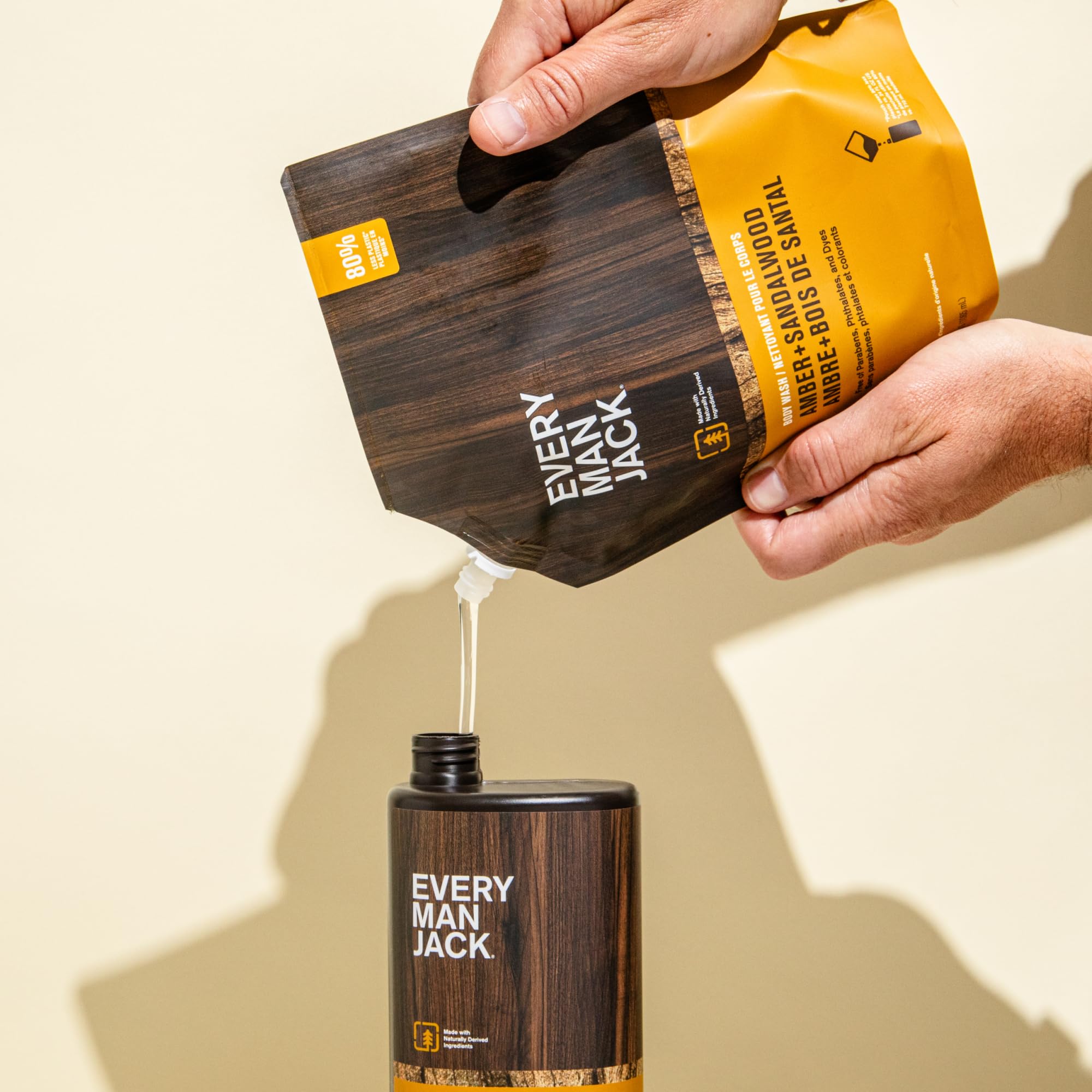 Every Man Jack Amber Sandalwood on bathroom shelf suggests convenient everyday use.