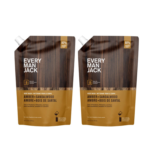 Every Man Jack Amber Sandalwood bottle close-up shows clean design and natural scent.