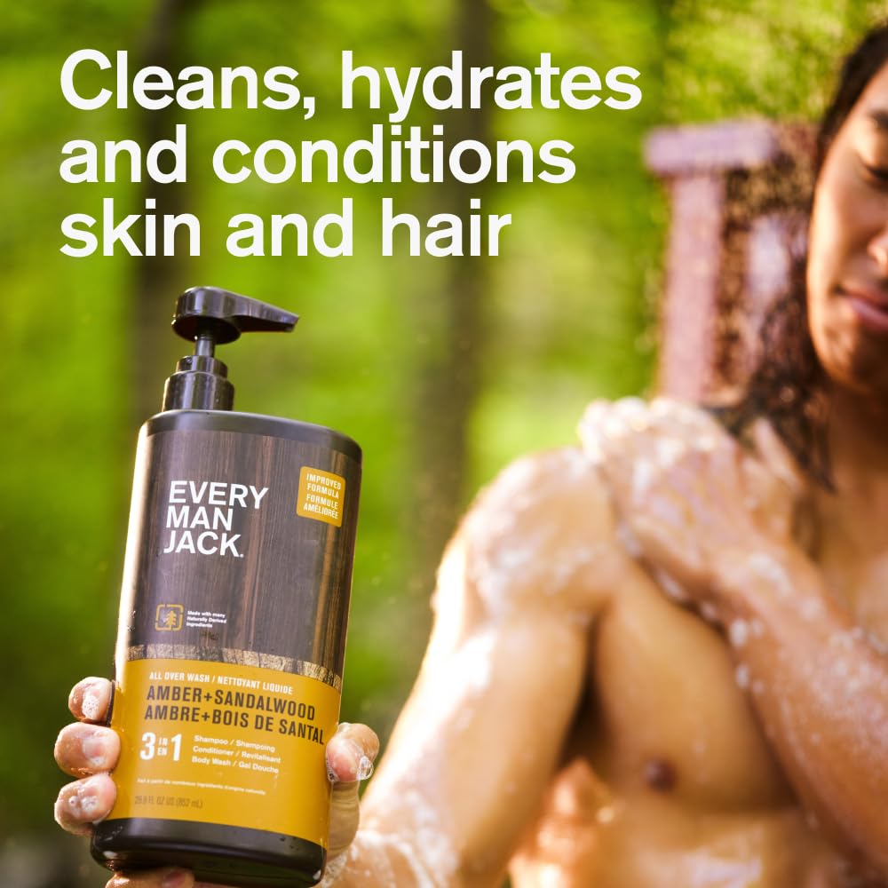 Every Man Jack Amber Sandalwood bottle label showing 2-pack and ingredients