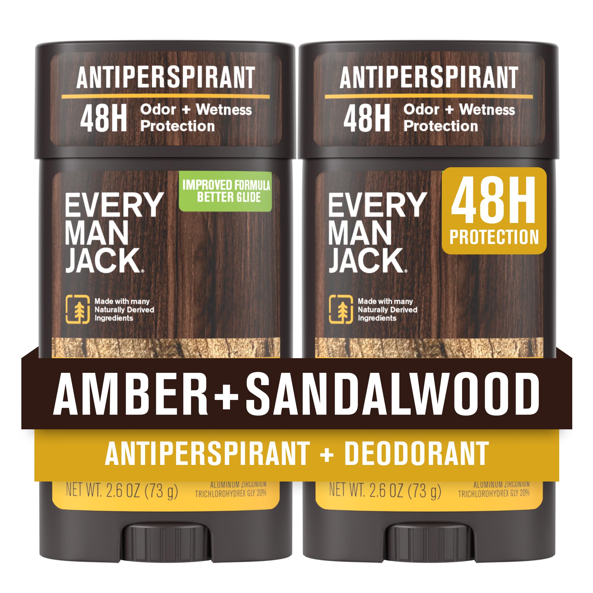 Every Man Jack Amber + Sandalwood 2-pack front view with long-lasting scent.