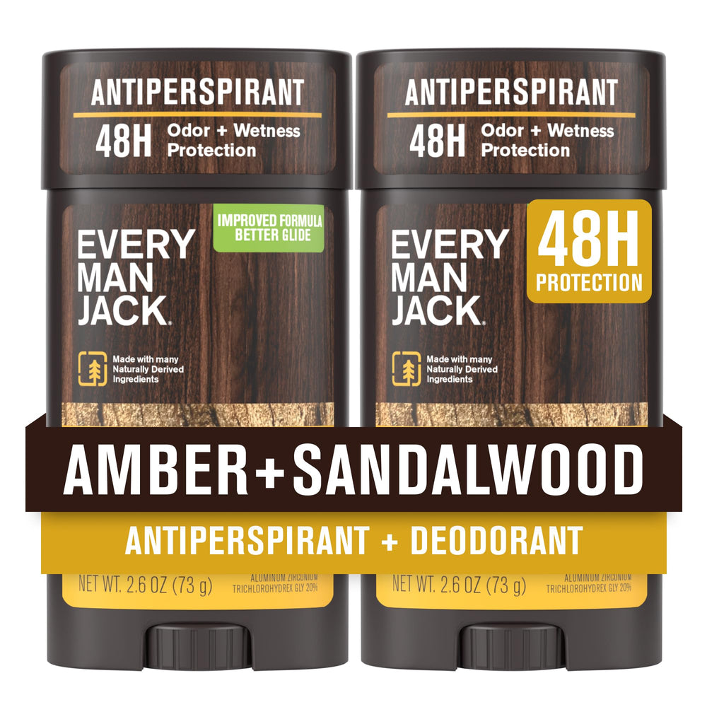 Every Man Jack Amber + Sandalwood 2-pack front view with long-lasting scent.