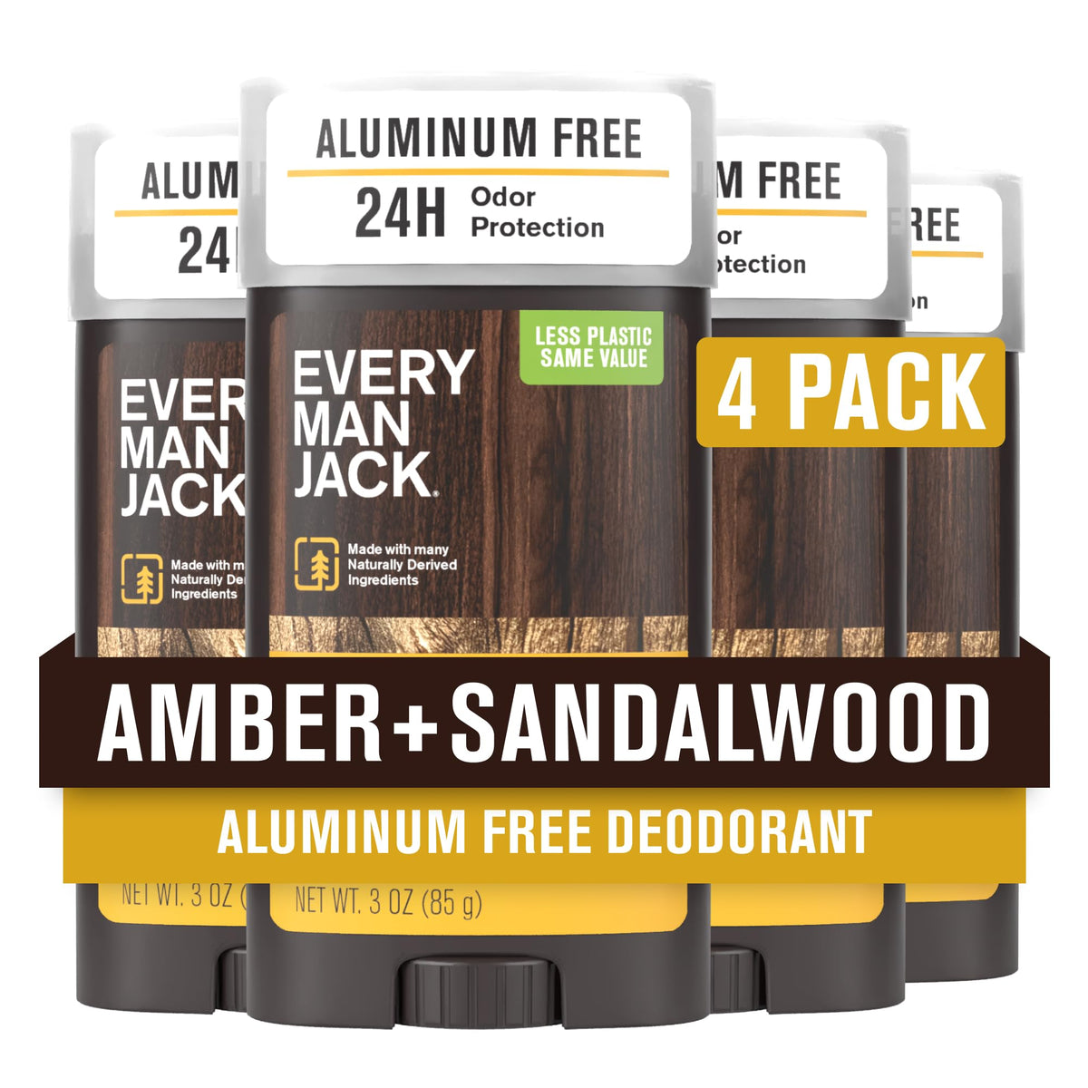 Every Man Jack Amber Sandalwood deodorant pack four sticks for everyday freshness.