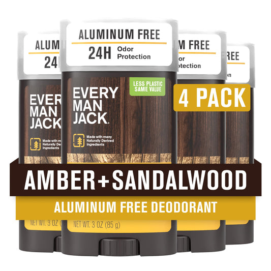 Every Man Jack Amber Sandalwood deodorant pack four sticks for everyday freshness.