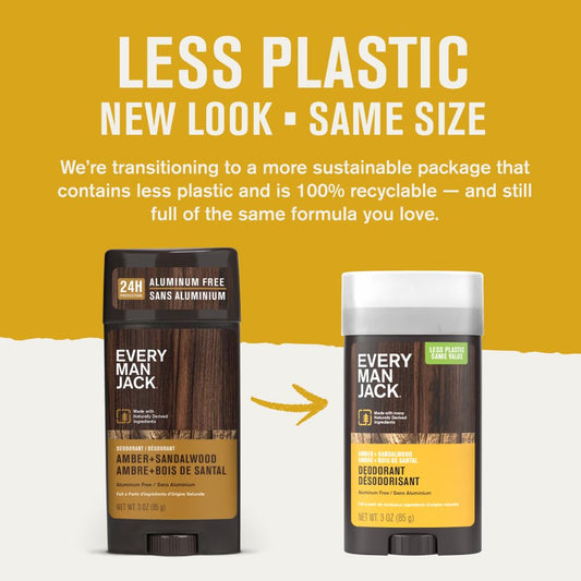 Every Man Jack Amber Sandalwood deodorant stick close-up for smooth, easy application.