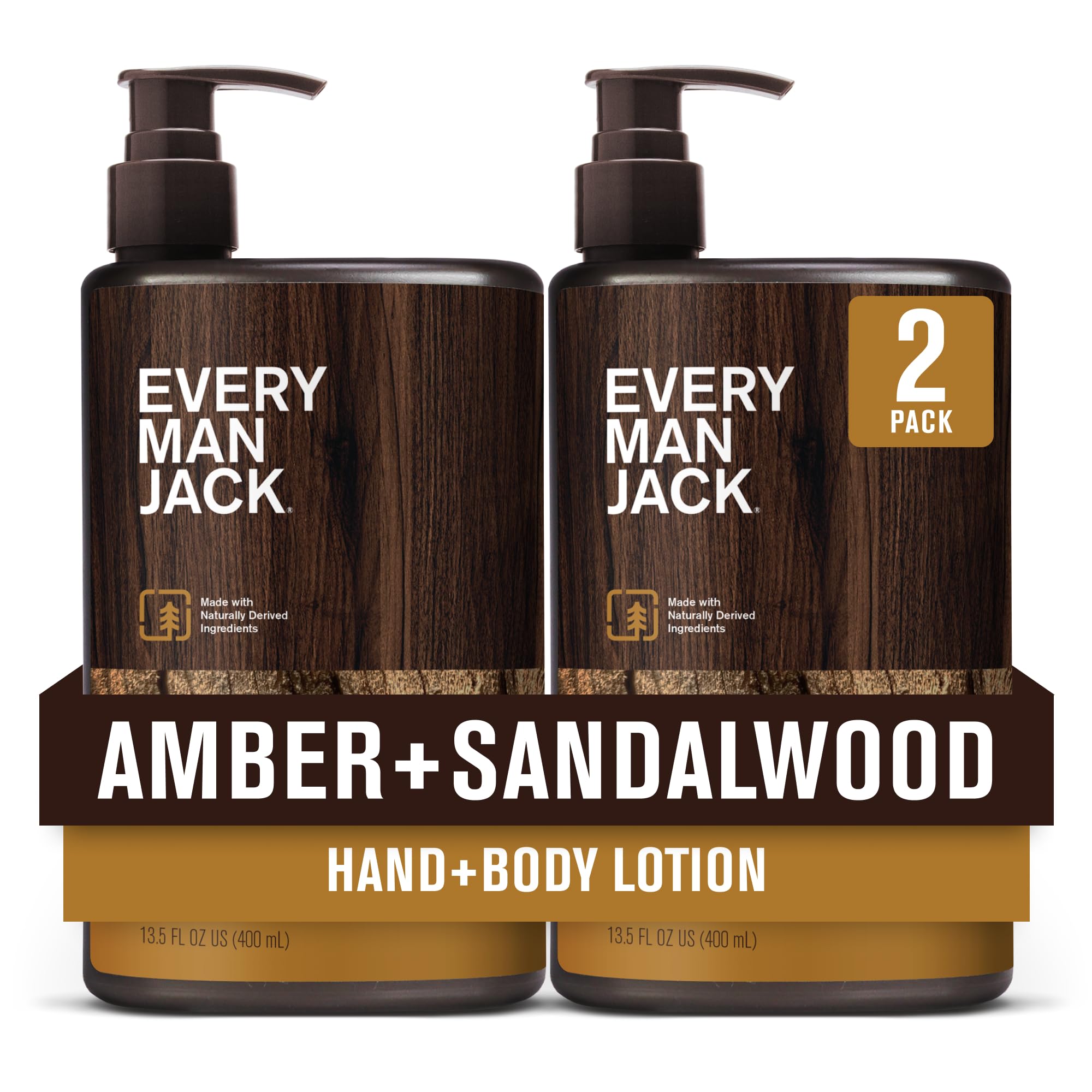 Every Man Jack Amber Sandalwood lotion bottle on a shelf with lightweight hydration.