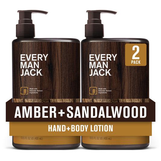 Every Man Jack Amber Sandalwood lotion bottle on a shelf with lightweight hydration.
