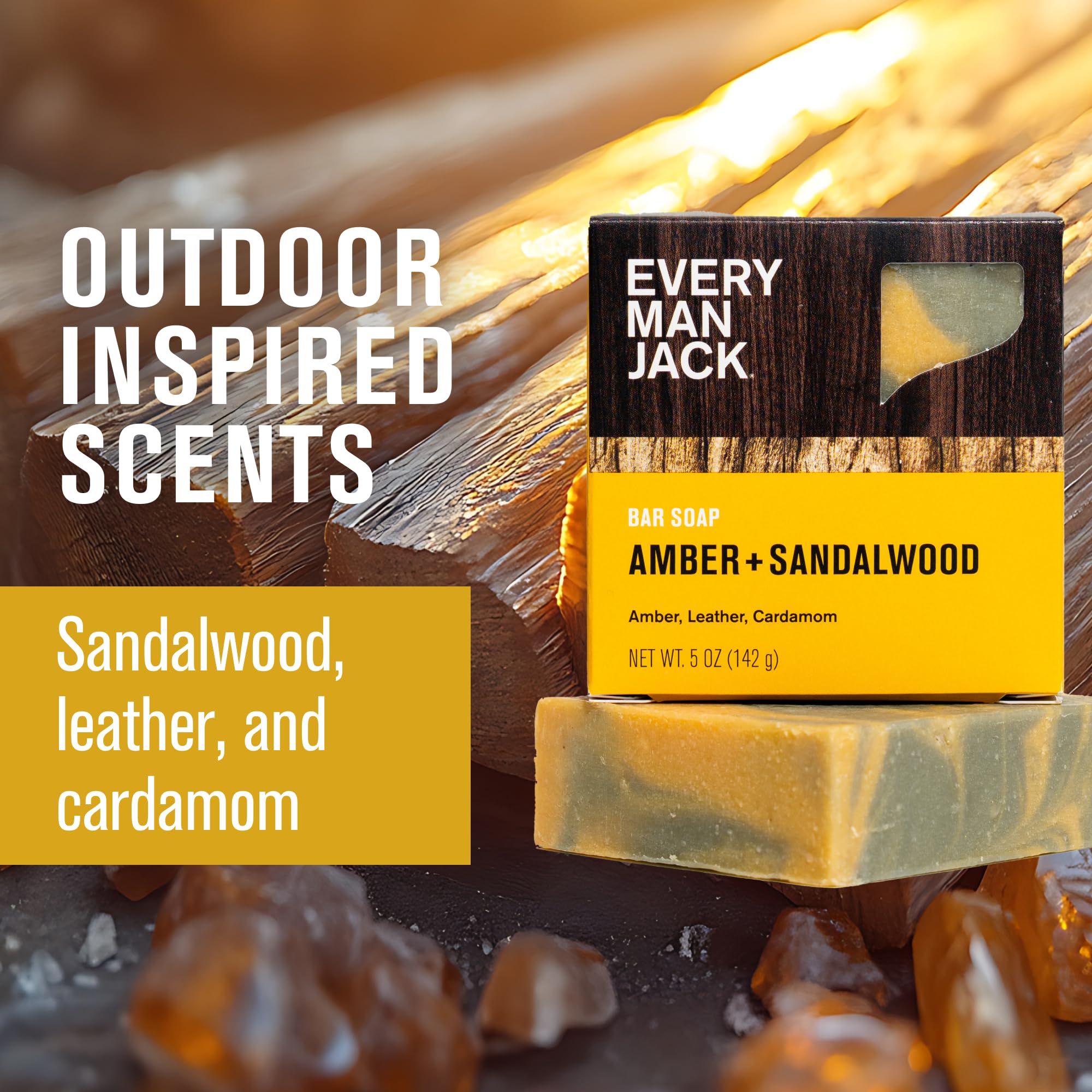 Every Man Jack amber sandalwood scent bar evokes rugged outdoor experiences