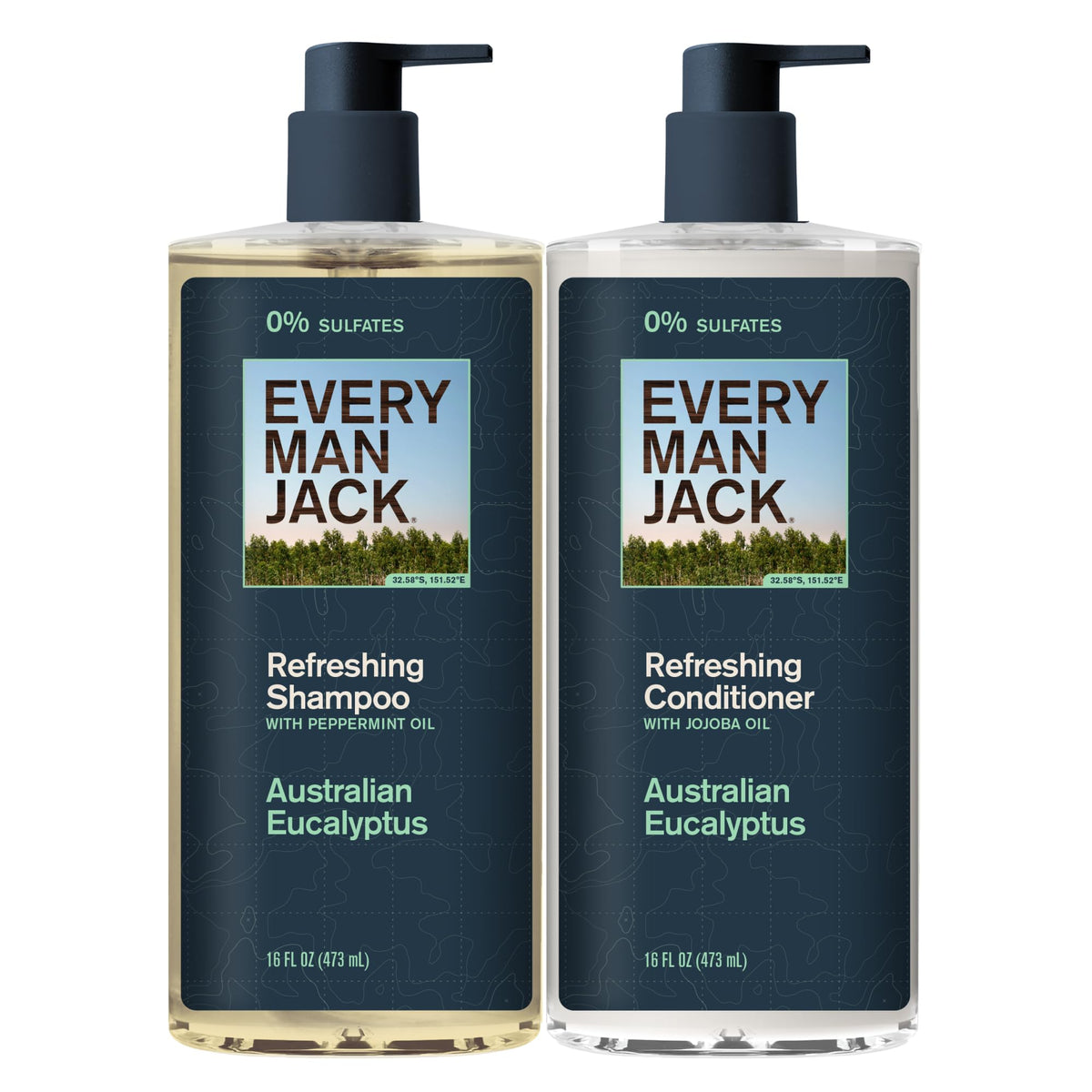Every Man Jack Australian Eucalyptus shampoo bottle in a two-pack for daily refreshment.