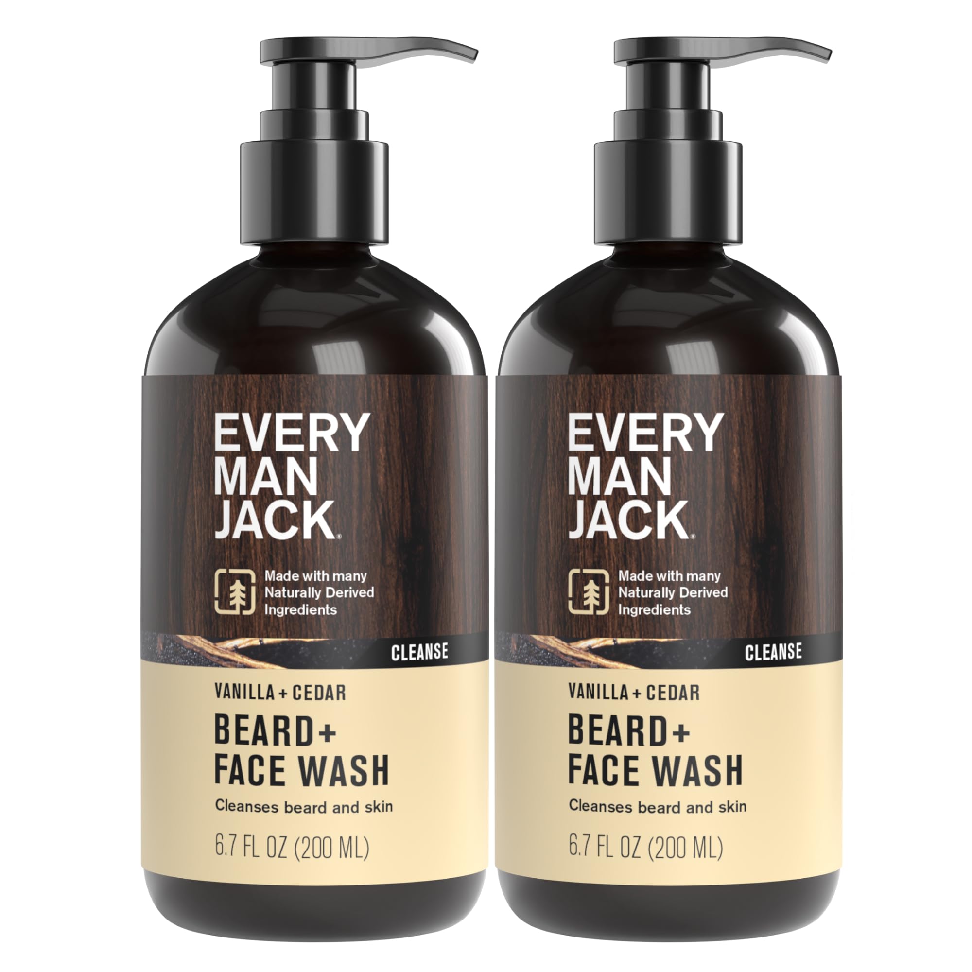 Every Man Jack Beard + Face Wash bottle front with vanilla cedar scent for daily cleansing