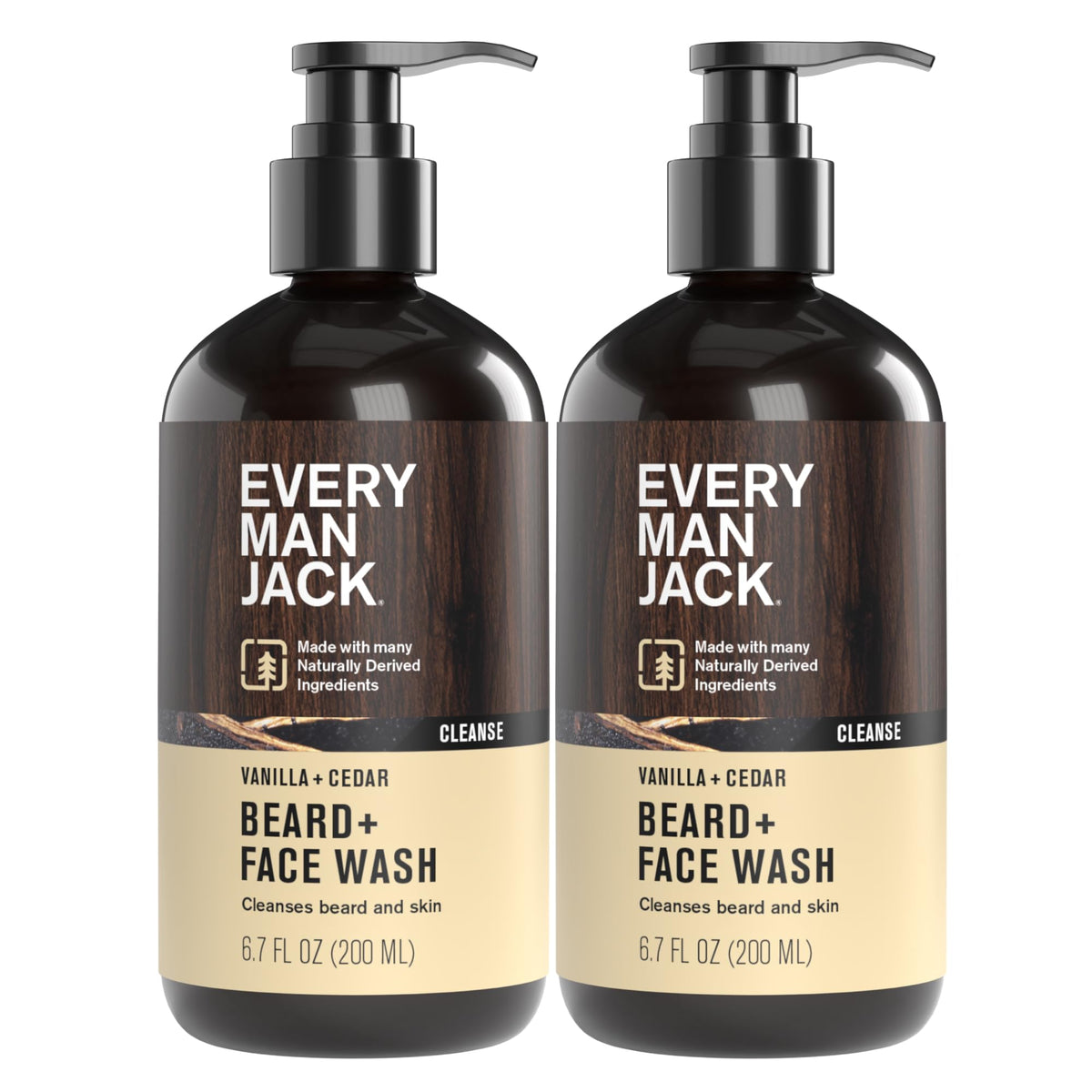 Every Man Jack Beard + Face Wash bottle front with vanilla cedar scent for daily cleansing