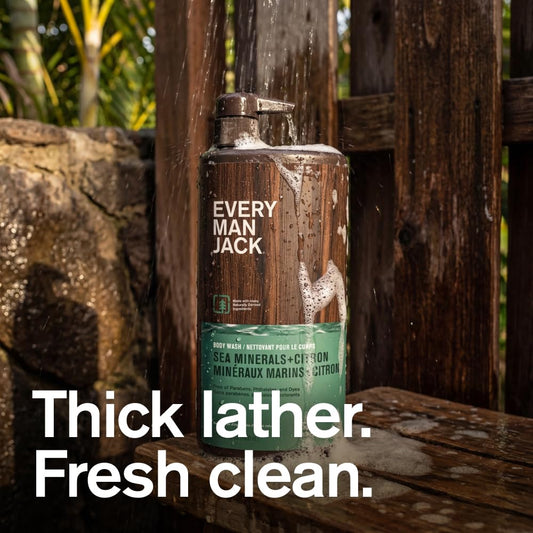 Every Man Jack body wash sea minerals citron label closeup for fresh, uplifting shower experience