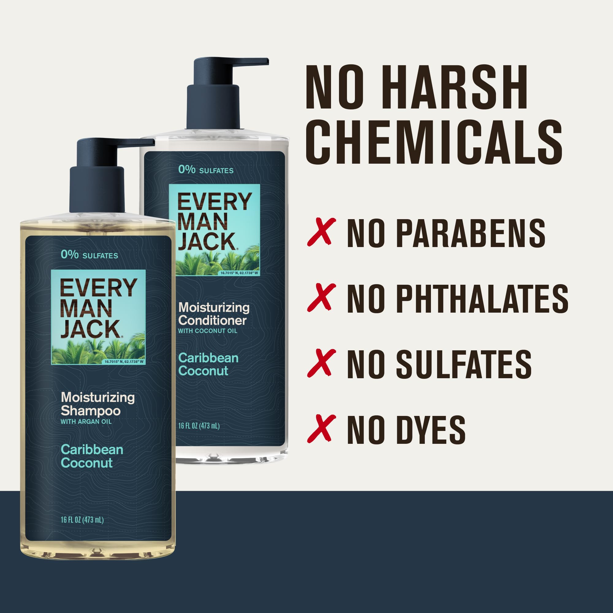Every Man Jack Caribbean Coconut conditioner bottle on a vanity with towels.