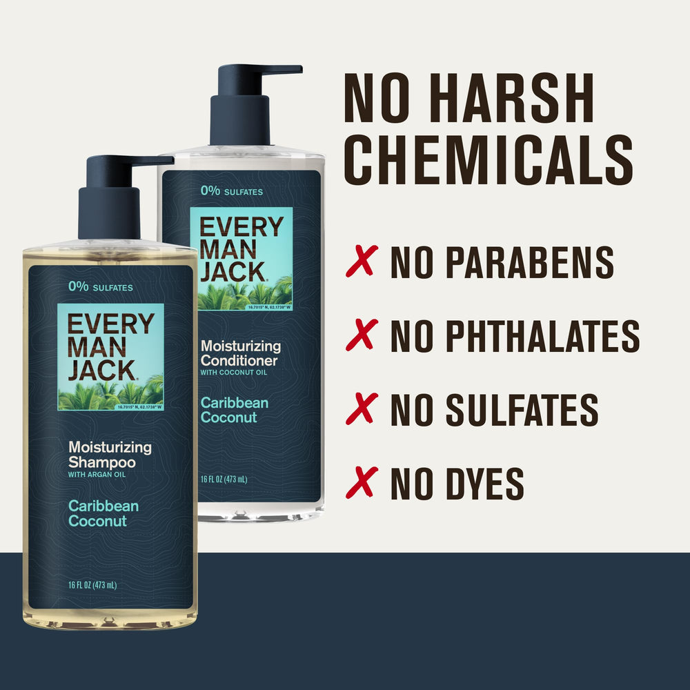 Every Man Jack Caribbean Coconut conditioner bottle on a vanity with towels.