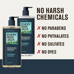 Every Man Jack Caribbean Coconut conditioner bottle on a vanity with towels.