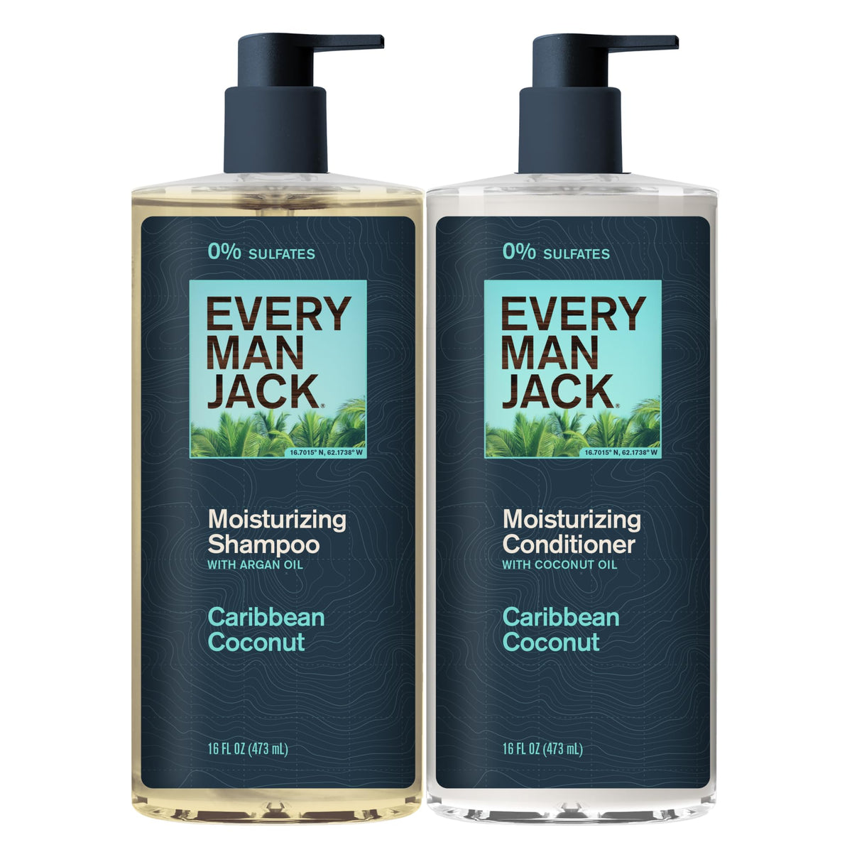Every Man Jack Caribbean Coconut shampoo bottle with tropical scent for refreshing washes.