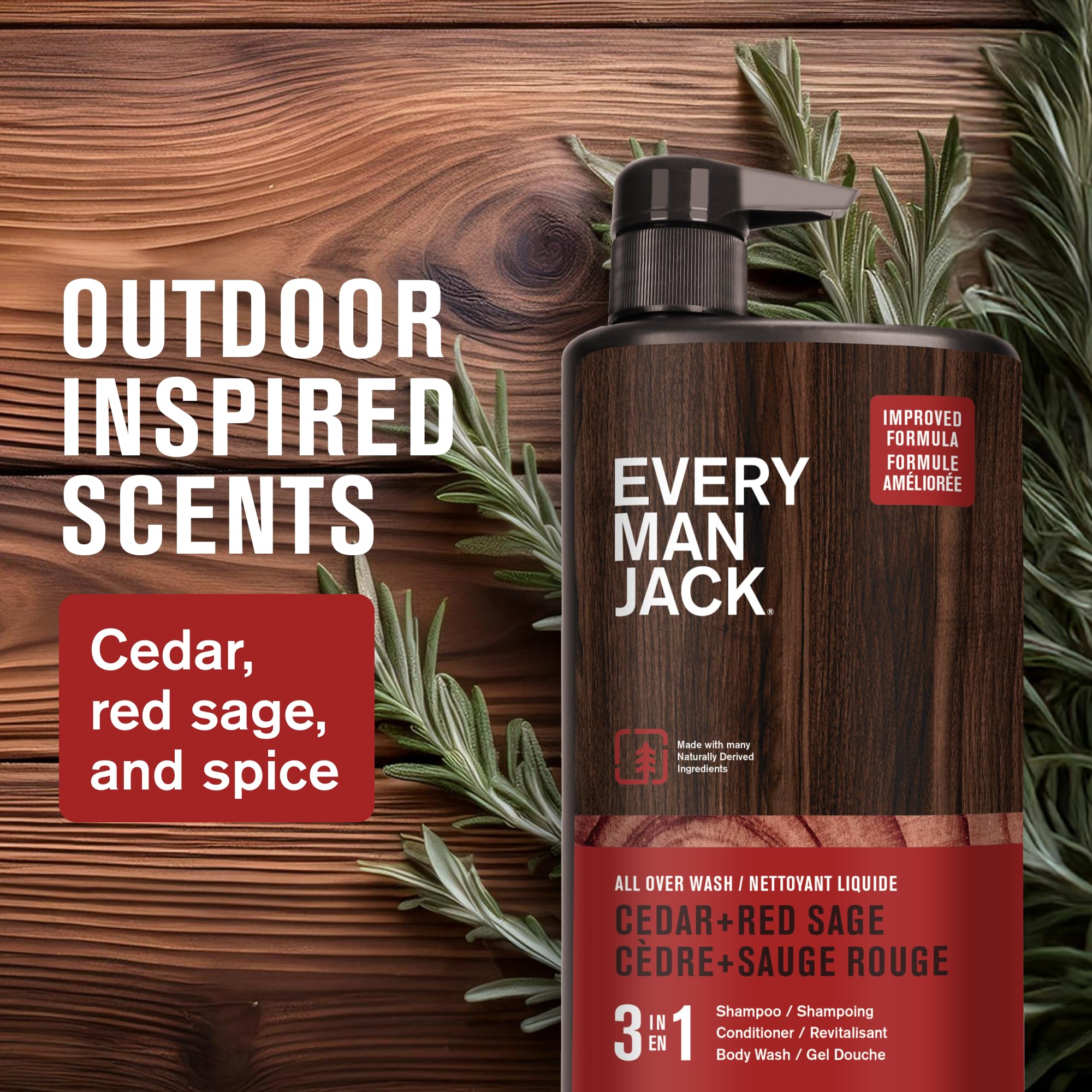 Every Man Jack Cedar Red Sage packaging emphasizes USA-made, trusted quality.