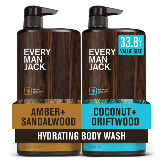 Every Man Jack coconut-driftwood-sandalwood bottle ready for daily cleansing.