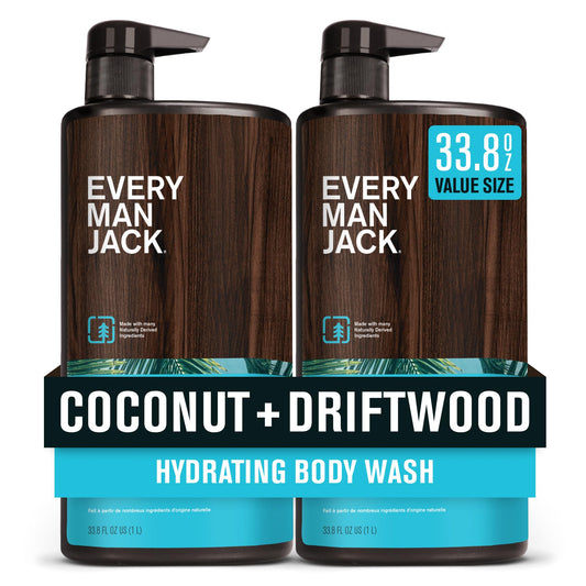 Every Man Jack Coconut + Driftwood Body Wash front bottle showing tropical scent and hydration promise
