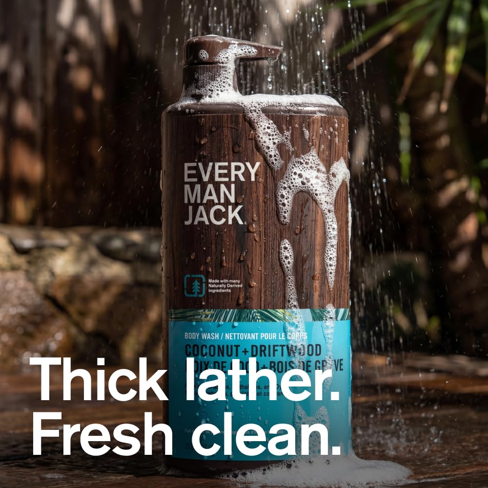 Every Man Jack Coconut + Driftwood label closeup highlights branding and ingredients