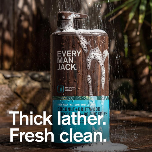 Every Man Jack Coconut + Driftwood label closeup highlights branding and ingredients