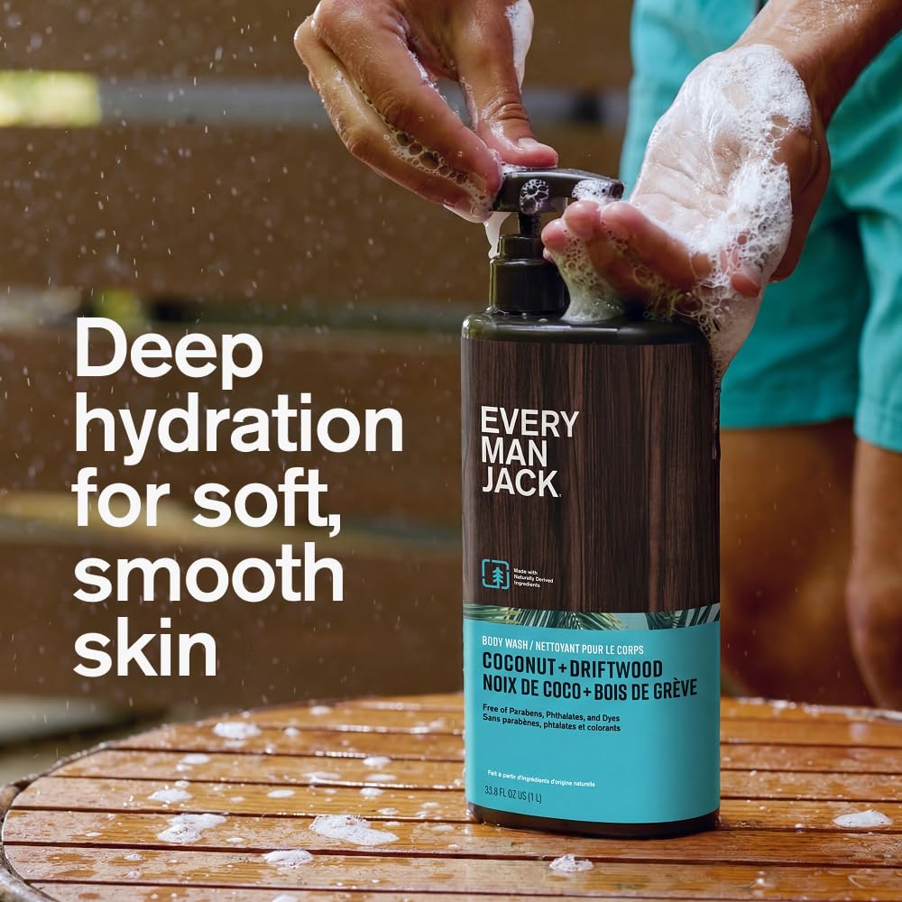 Every Man Jack Coconut + Driftwood bottle texture closeup emphasizes premium packaging