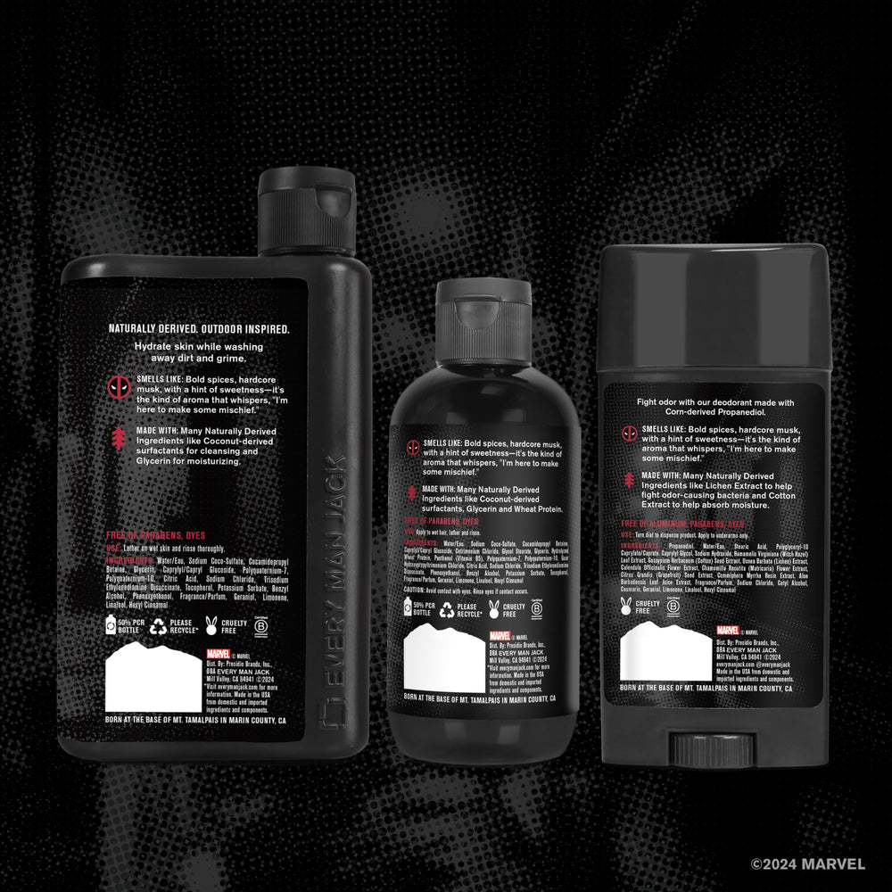Every Man Jack Deadpool gift moment showcasing superhero branding and packaging