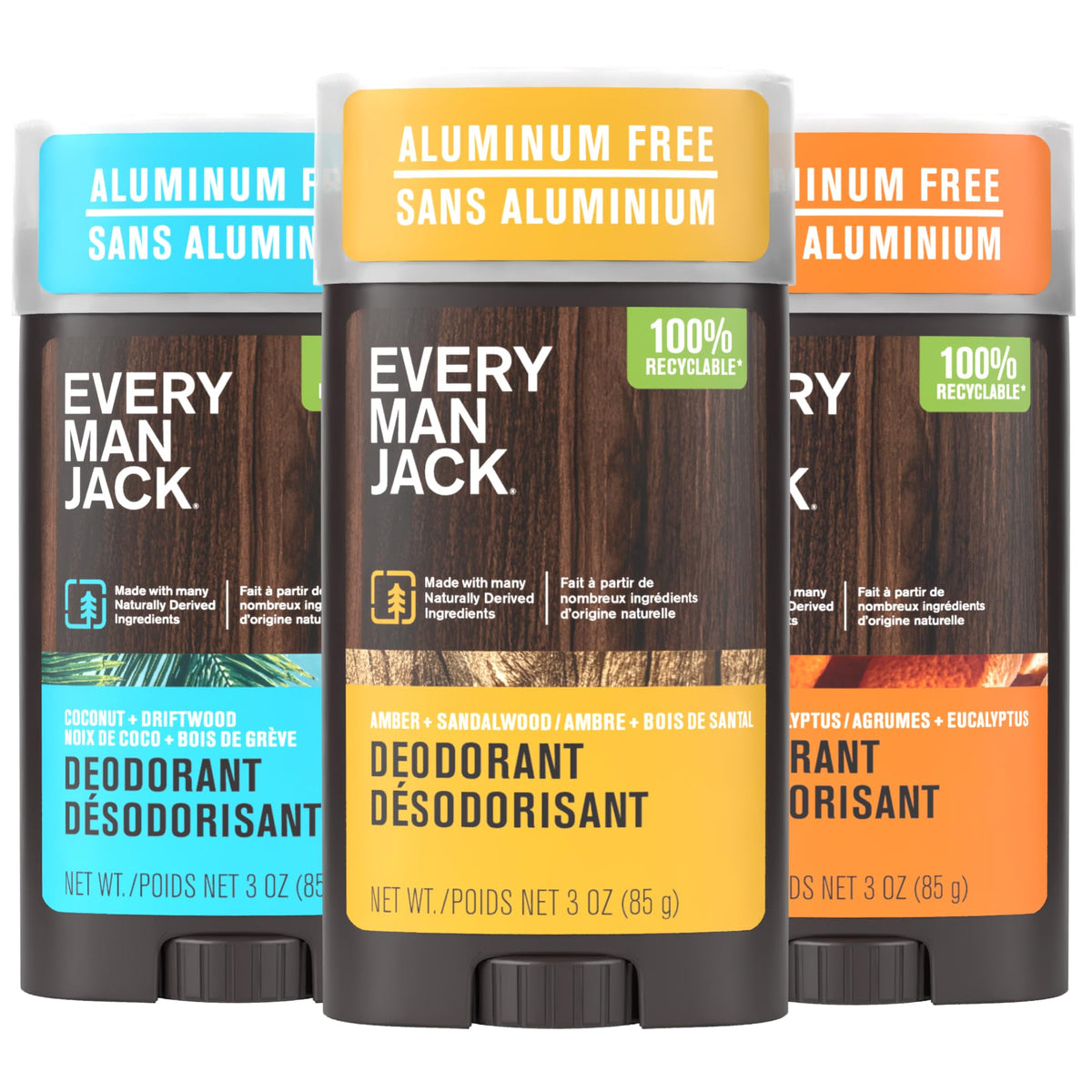 Every Man Jack coconut driftwood deodorant stick provides aluminum-free protection