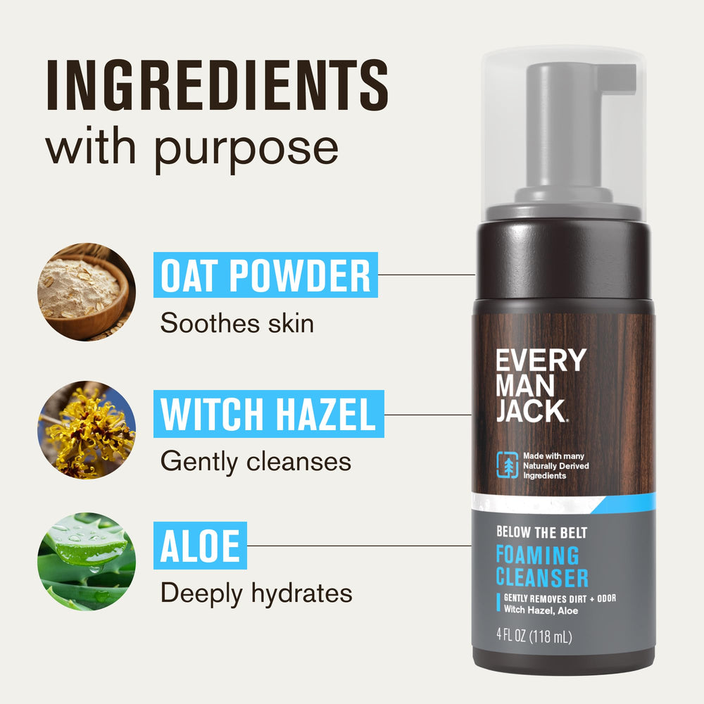 Every Man Jack Foaming Groin Wash includes witch hazel to cleanse and soothe.