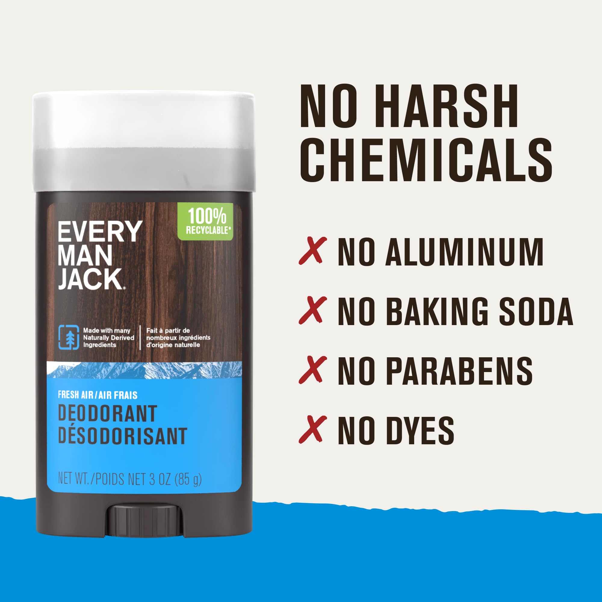 Every Man Jack Fresh Air deodorant stick in use, ideal for on-the-go mornings