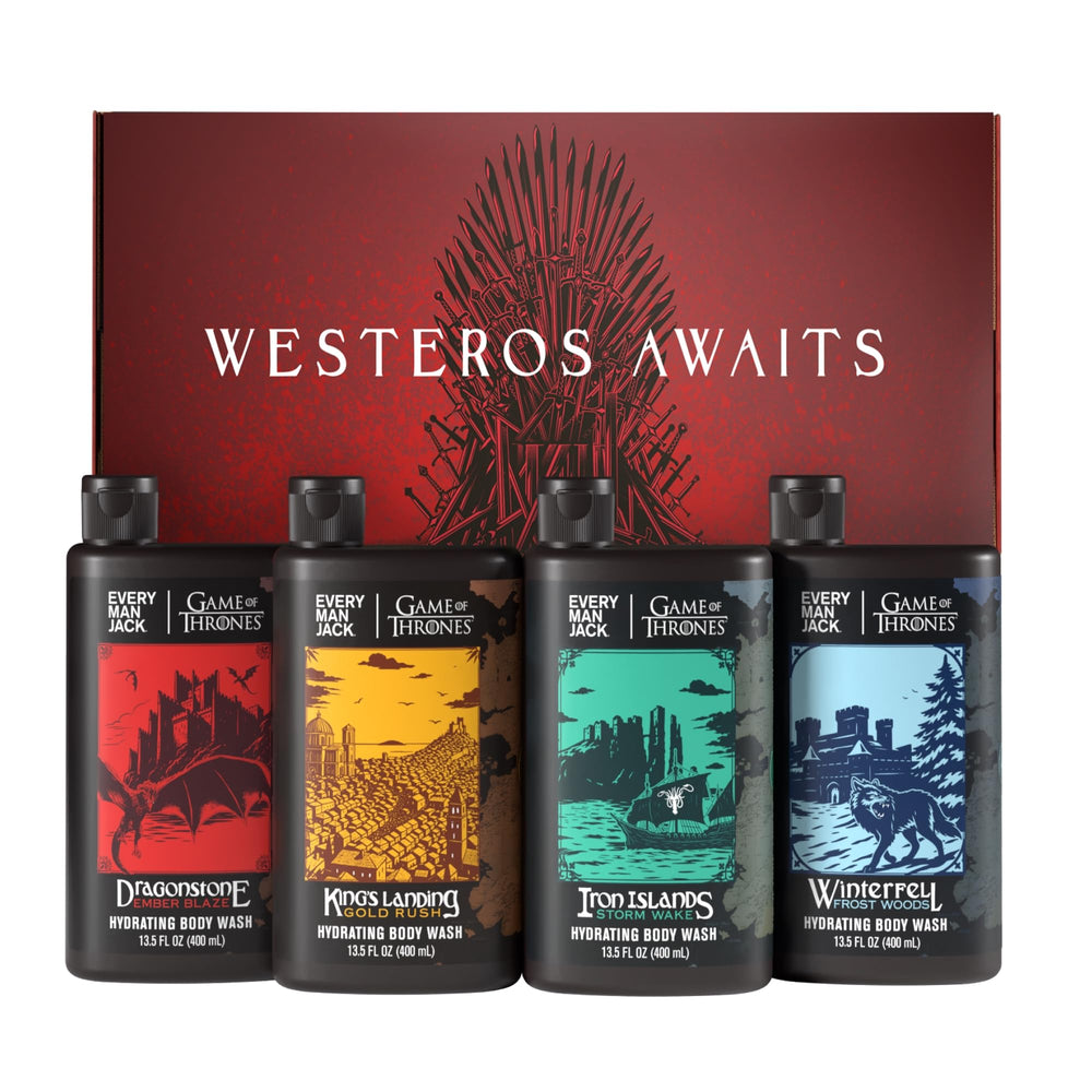 Every Man Jack Game of Thrones collector box artwork with four kingdoms.