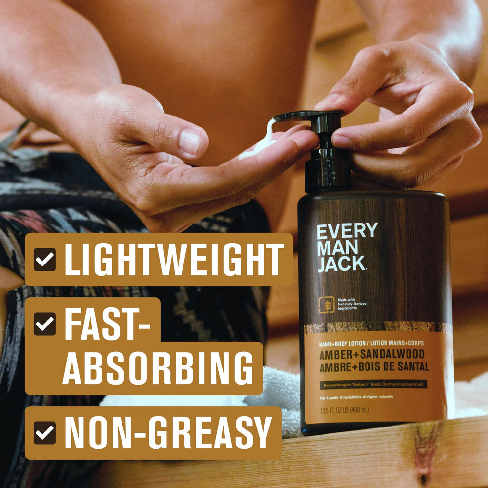 Every Man Jack bottle demonstrates lightweight, non-greasy, fast-absorbing formula.