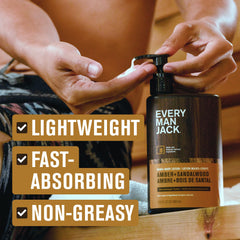 Every Man Jack bottle demonstrates lightweight, non-greasy, fast-absorbing formula.