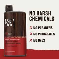 Every Man Jack body wash bottle side reveals natural ingredients and moisturizing focus.