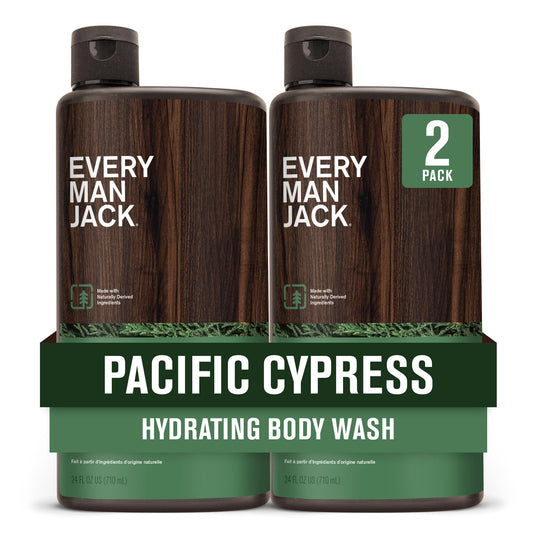 Every Man Jack Nourishing Pacific Cypress body wash bottle pour showing refreshing coastal cleanse