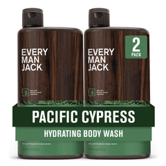 Every Man Jack Nourishing Pacific Cypress body wash bottle pour showing refreshing coastal cleanse
