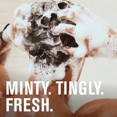 Every Man Jack peppermint oil closeup highlighting refreshing scalp feel.