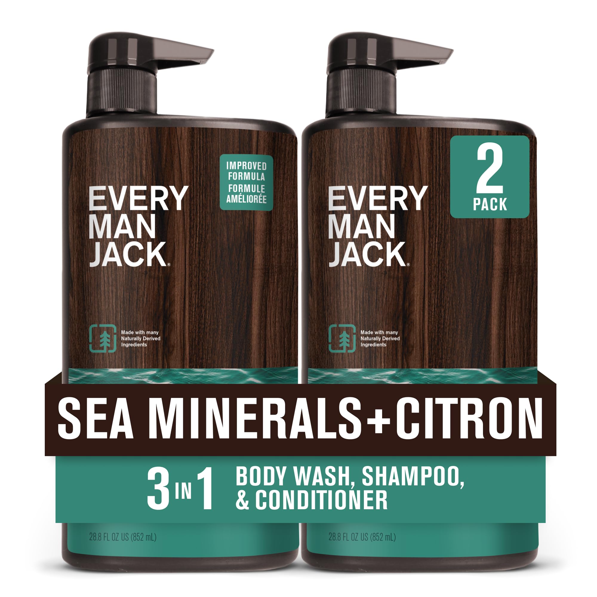 Every Man Jack Sea Minerals Citron 3-in-1 bottle front shows refreshing body, hair and face cleanse