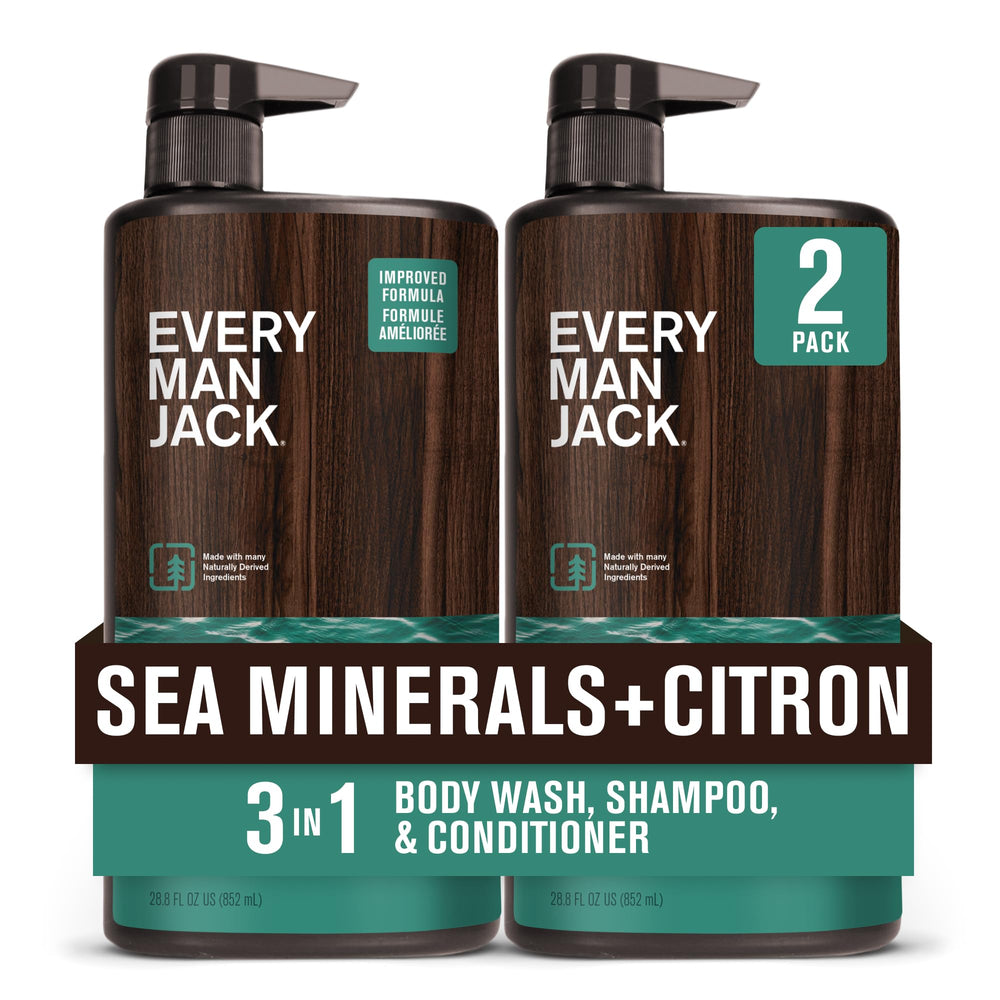 Every Man Jack Sea Minerals Citron 3-in-1 bottle front shows refreshing body, hair and face cleanse